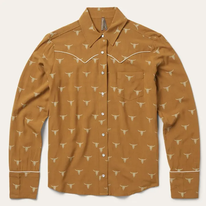 Stetson Western Shirts Women Mojave Longhorn Print Snap Western Shirt Brown