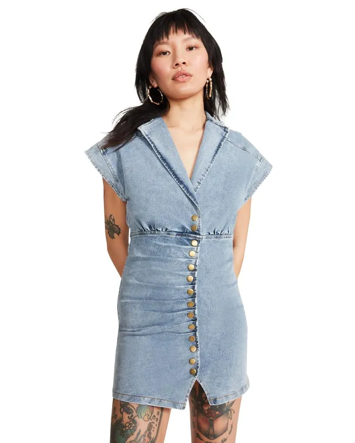 Steve Madden Button Down Denim Dress Denim Fabric Womens Dresses