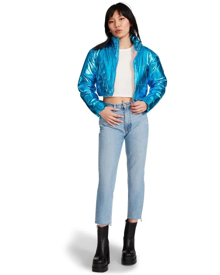 Steve Madden Cropped Metallic Puffer Blue Womens Jackets and Coats Steve Madden Cropped Metallic Puffer Blue Womens Jackets and Coats