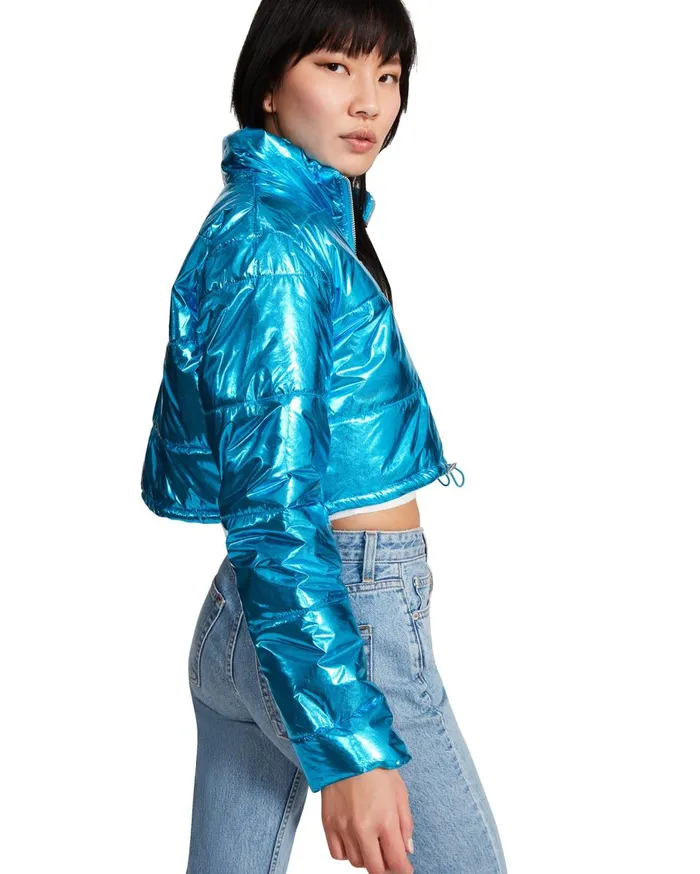 Steve Madden Cropped Metallic Puffer Blue Womens Jackets and Coats Steve Madden Cropped Metallic Puffer Blue Womens Jackets and Coats