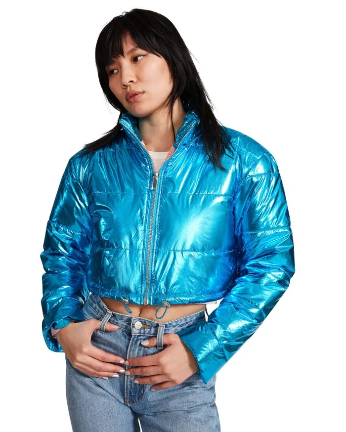 Steve Madden Cropped Metallic Puffer Blue Womens Jackets and Coats Steve Madden Cropped Metallic Puffer Blue Womens Jackets and Coats