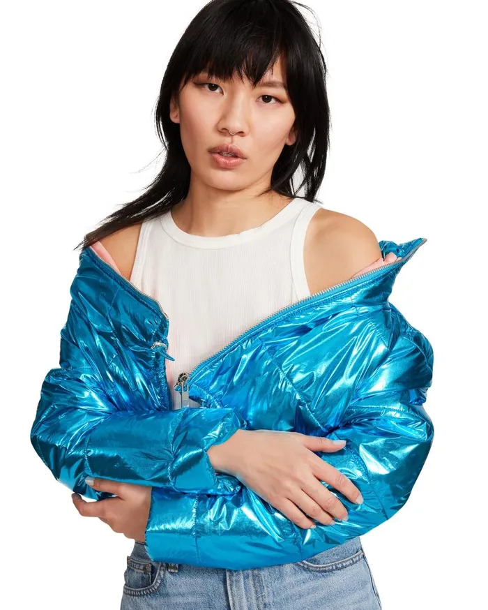 Steve Madden Cropped Metallic Puffer Blue Womens Jackets and Coats Steve Madden Cropped Metallic Puffer Blue Womens Jackets and Coats