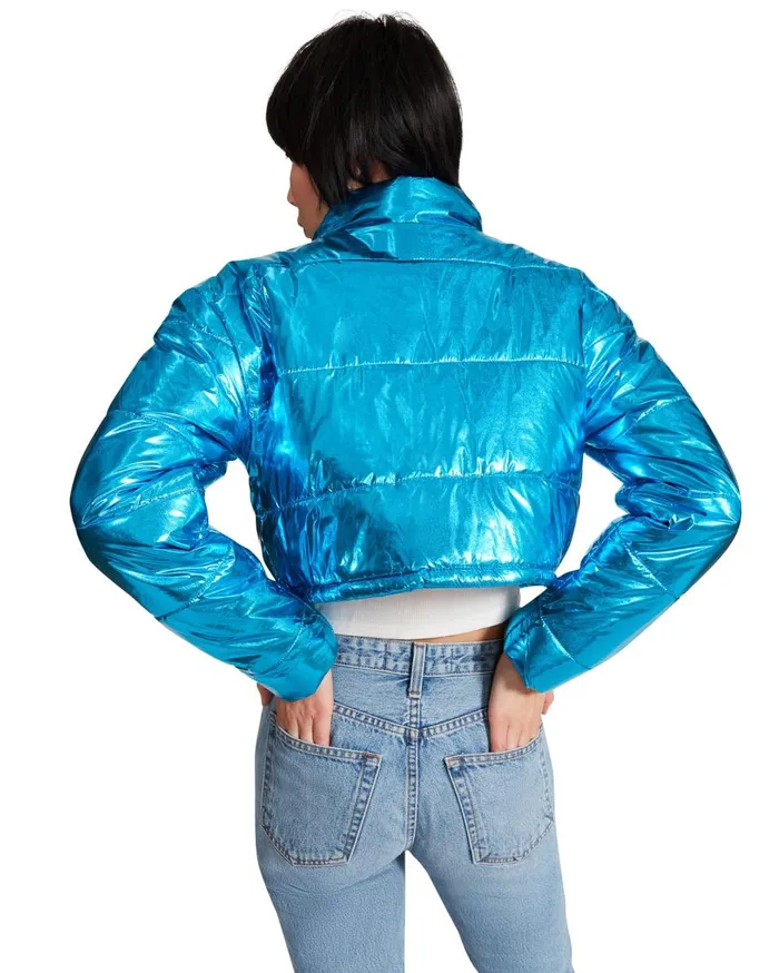Steve Madden Cropped Metallic Puffer Blue Womens Jackets and Coats Steve Madden Cropped Metallic Puffer Blue Womens Jackets and Coats