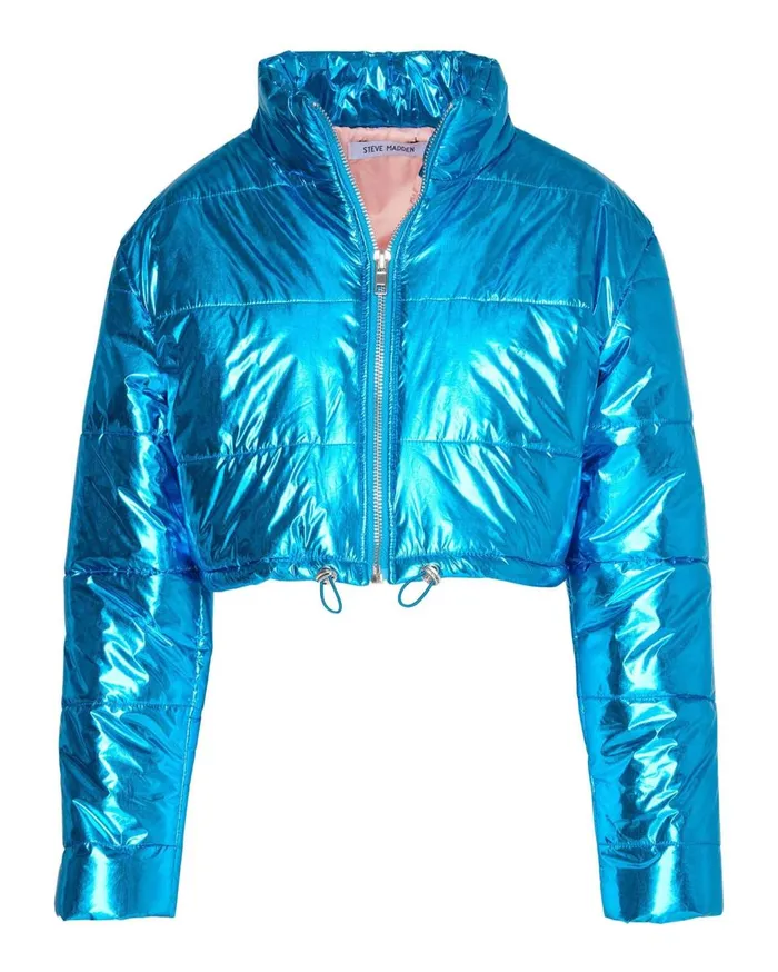 Steve Madden Cropped Metallic Puffer Blue Womens Jackets and Coats Steve Madden Cropped Metallic Puffer Blue Womens Jackets and Coats