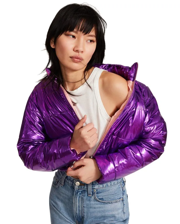 Steve Madden Cropped Metallic Puffer Purple Womens Jackets and Coats