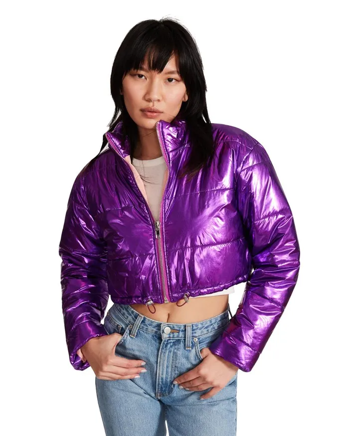 Steve Madden Cropped Metallic Puffer Purple Womens Jackets and Coats Steve Madden Cropped Metallic Puffer Purple Womens Jackets and Coats