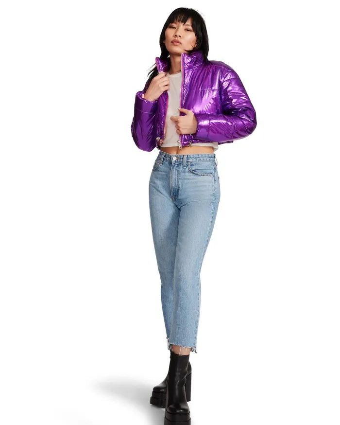 Steve Madden Cropped Metallic Puffer Purple Womens Jackets and Coats Steve Madden Cropped Metallic Puffer Purple Womens Jackets and Coats
