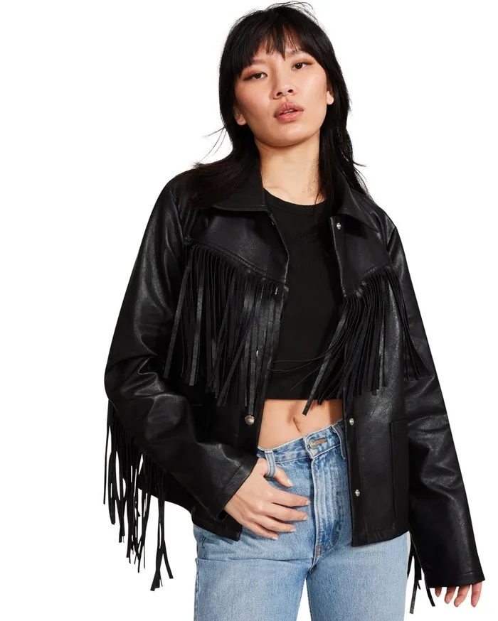 Steve Madden Fringe Jacket Black Womens Jackets and Coats