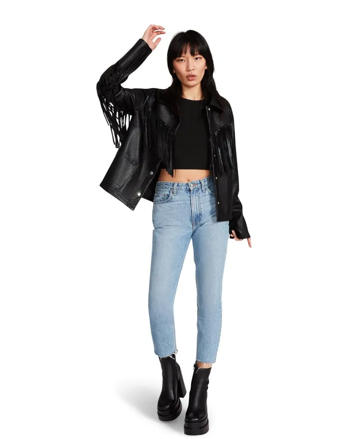 Steve Madden Fringe Jacket Black Womens Jackets and Coats