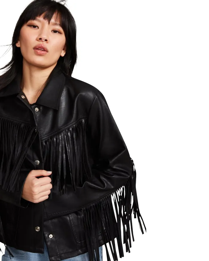 Steve Madden Fringe Jacket Black Womens Jackets and Coats