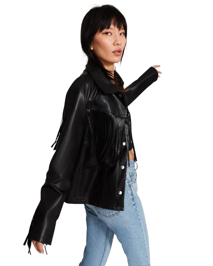 Steve Madden Fringe Jacket Black Womens Jackets and Coats