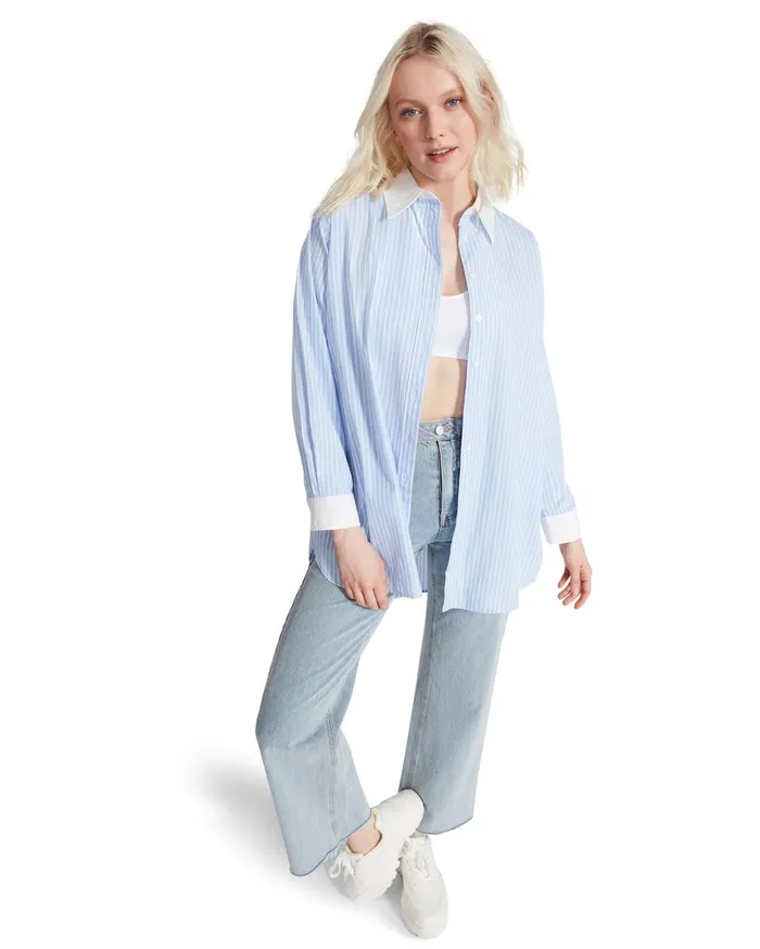 Steve Madden Oversized Button Up Blue Womens Tops