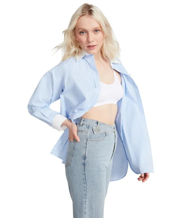 Steve Madden Oversized Button Up Blue Womens Tops