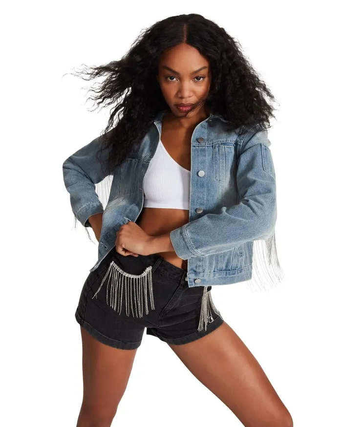Steve Madden Rhinestone Fringe Denim Jacket Denim Fabric Womens Jackets and Coats