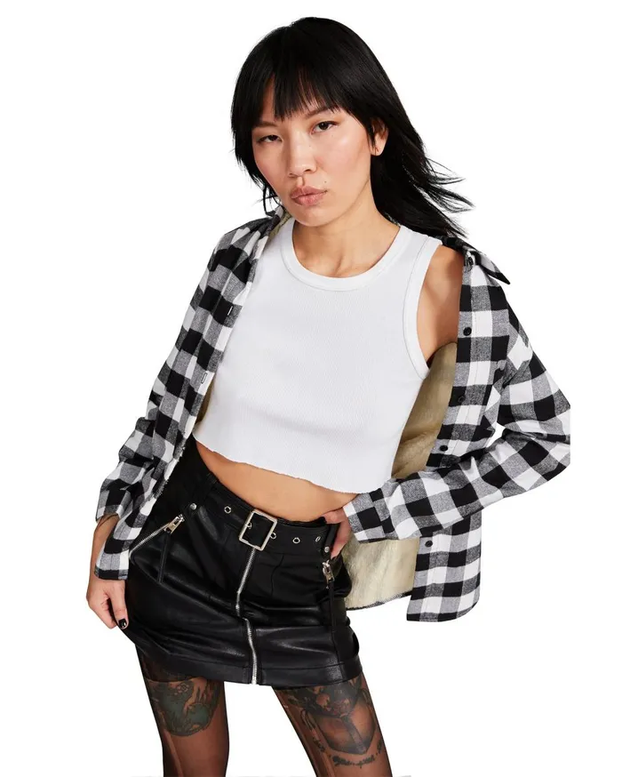 Steve Madden Teddy Lined Flannel Black Womens Jackets and Coats