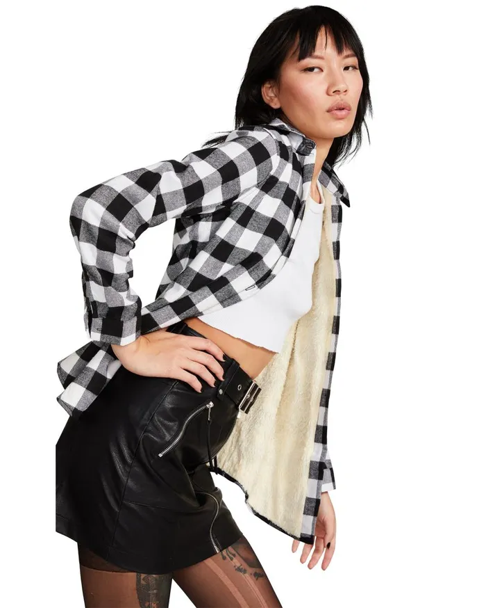 Steve Madden Teddy Lined Flannel Black Womens Jackets and Coats Steve Madden Teddy Lined Flannel Black Womens Jackets and Coats