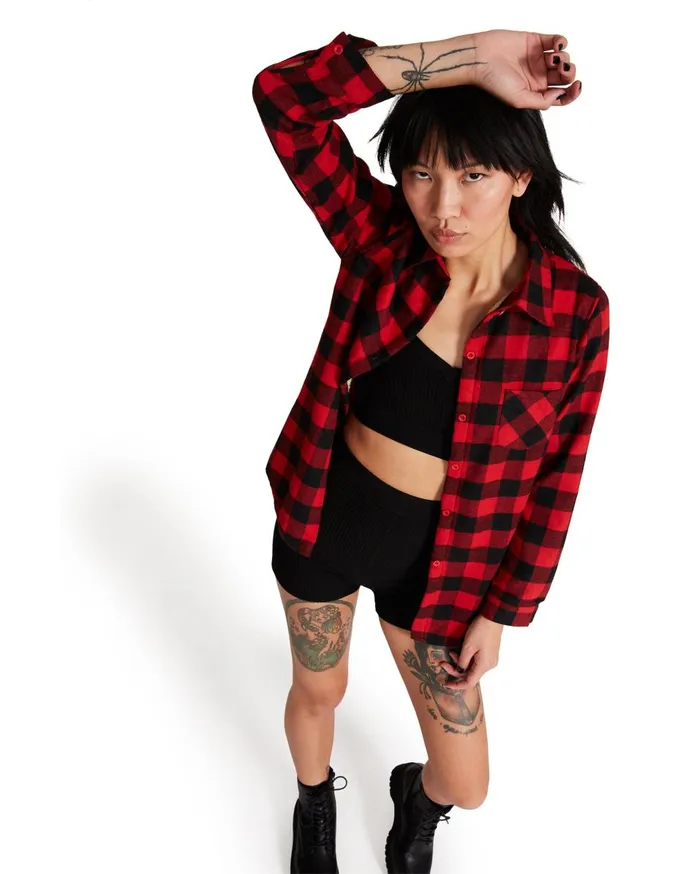 Steve Madden Teddy Lined Flannel Red Womens Tops