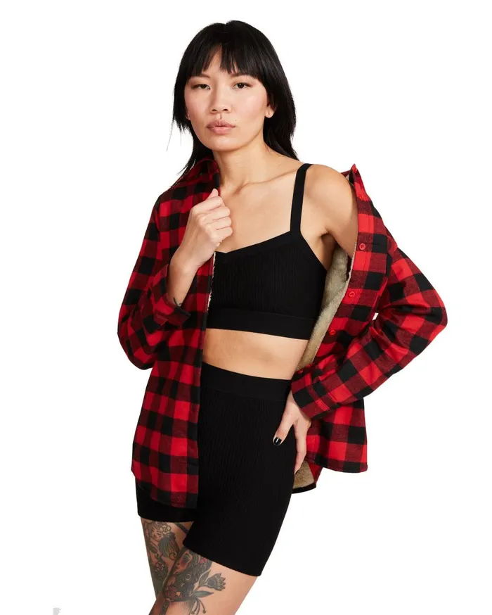 Steve Madden Teddy Lined Flannel Red Womens Tops Steve Madden Teddy Lined Flannel Red Womens Tops
