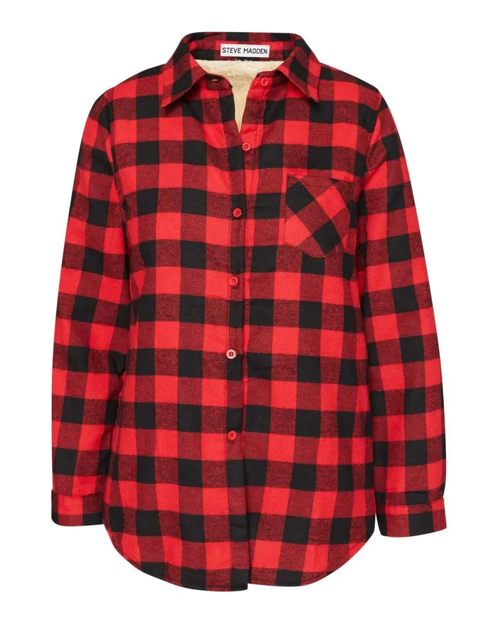 Steve Madden Teddy Lined Flannel Red Womens Tops Steve Madden Teddy Lined Flannel Red Womens Tops