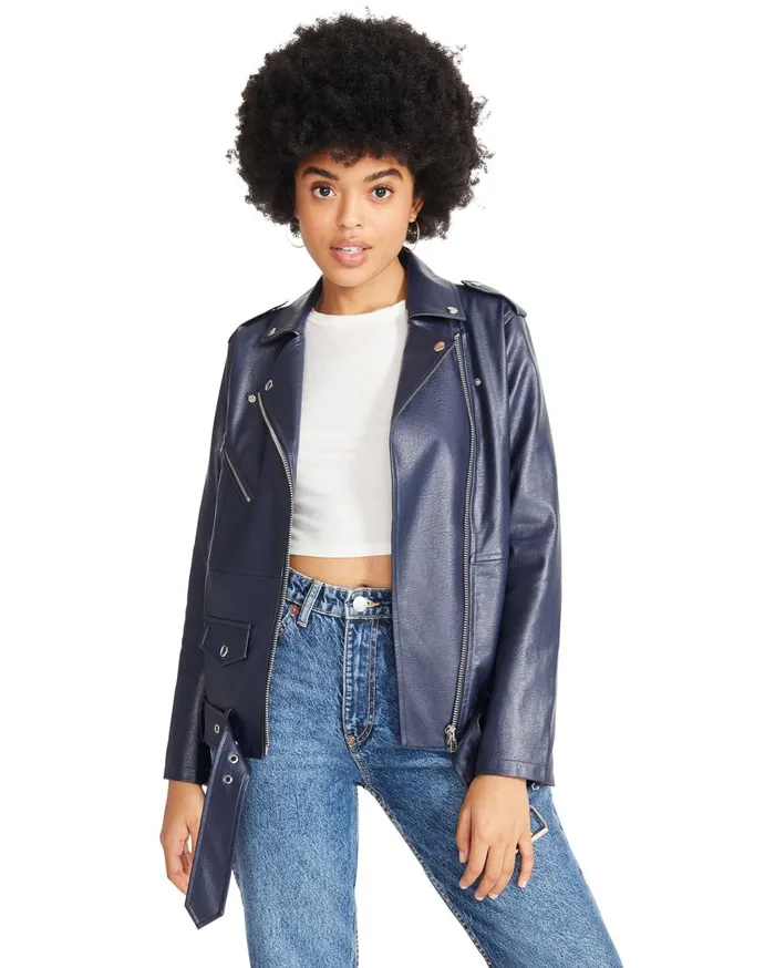 Steve Madden Vegan Leather Jacket Navy Womens Jackets and Coats