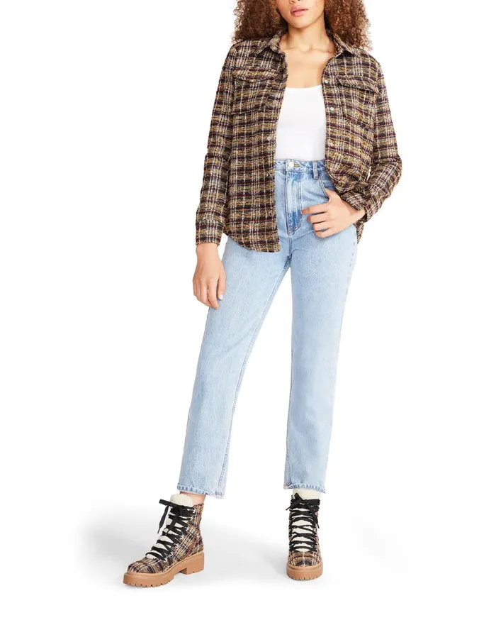 Steve Madden Work Hard Play Hard Shacket Rust Multi Womens Jackets and Coats
