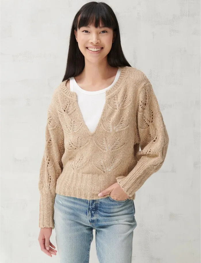 Sweaters and Sweatshirts Women Lucky Brand MIX STITCH PEASANT SWEATER Camel Multi Sweaters and Sweatshirts Women Lucky Brand MIX STITCH PEASANT SWEATER Camel Multi