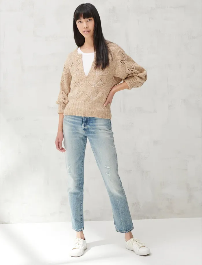 Sweaters and Sweatshirts Women Lucky Brand MIX STITCH PEASANT SWEATER Camel Multi