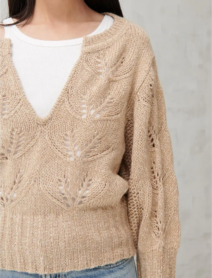 Sweaters and Sweatshirts Women Lucky Brand MIX STITCH PEASANT SWEATER Camel Multi
