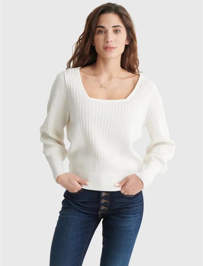 Sweaters and Sweatshirts Women Lucky Brand Soft Spoken Square Neck Pullover Marshmallow