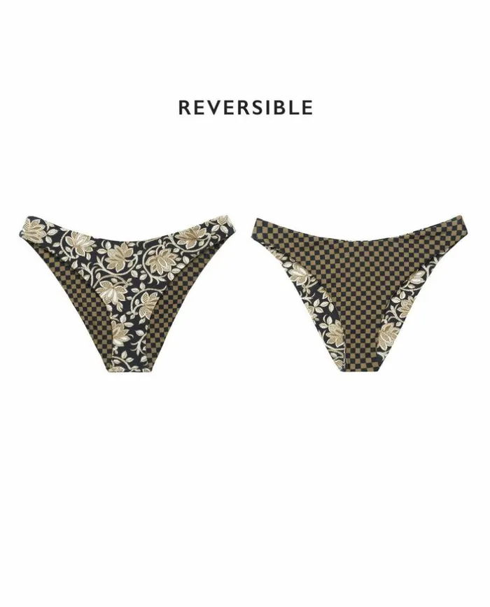 Swim The Great The Reversible Cheeky Brief Black Oasis Floral And Bronze Check