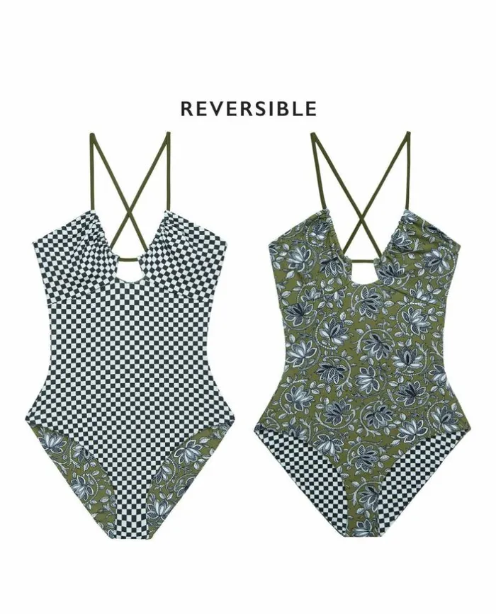 Swim The Great The Reversible Keyhole One Piece Army Oasis Floral And Black Check