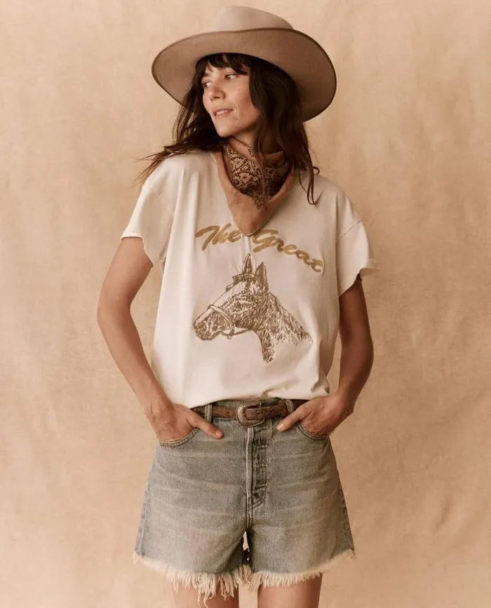 Tees and Sweats The Great The Boxy Crew Washed White With Spice Horse Embroidery