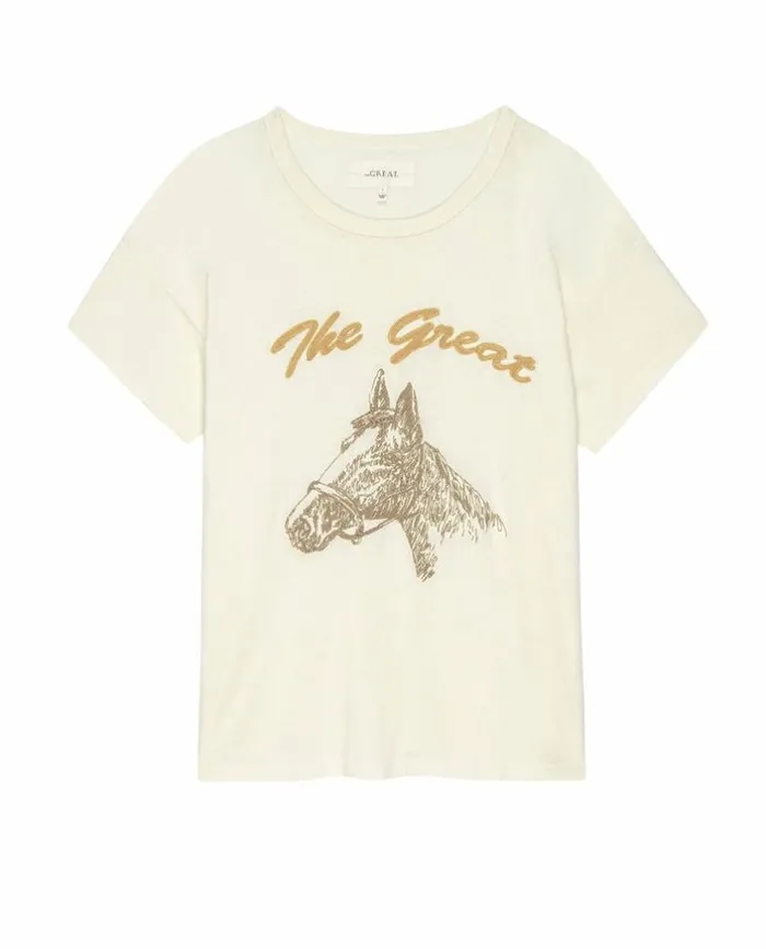Tees and Sweats The Great The Boxy Crew Washed White With Spice Horse Embroidery