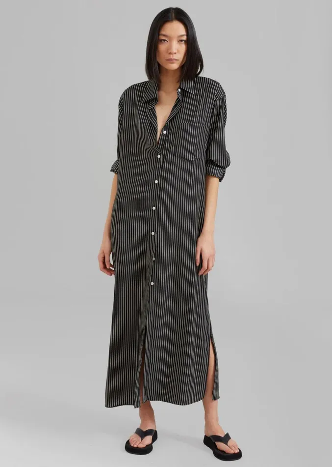 The Frankie Shop Cala Satin Shirt Dress 8211 Black Pinstripe Women Clothing