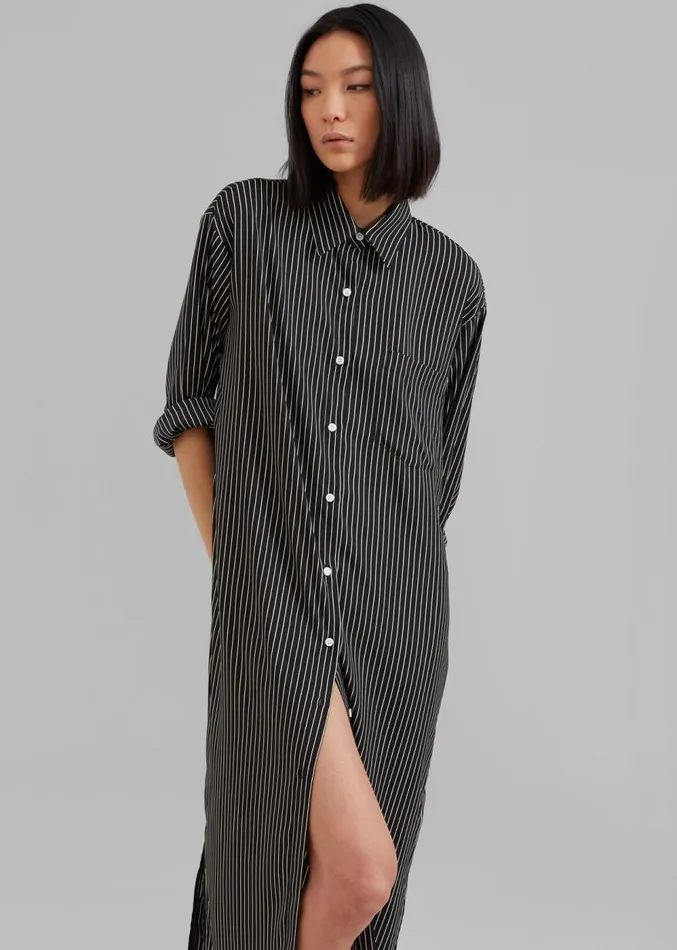 The Frankie Shop Cala Satin Shirt Dress 8211 Black Pinstripe Women Clothing