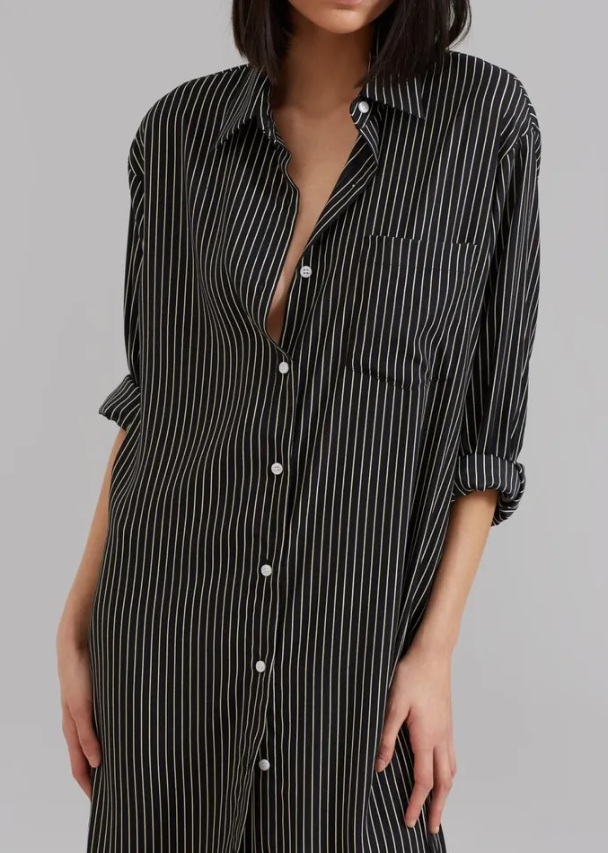 The Frankie Shop Cala Satin Shirt Dress 8211 Black Pinstripe Women Clothing