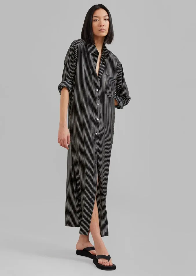 The Frankie Shop Cala Satin Shirt Dress 8211 Black Pinstripe Women Clothing