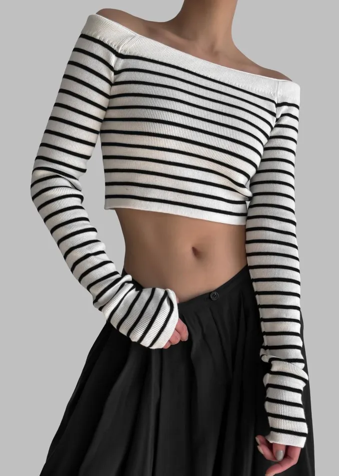 The Frankie Shop Coco White Off Shoulder Sweater 8211 Black Stripe Women Knitwear