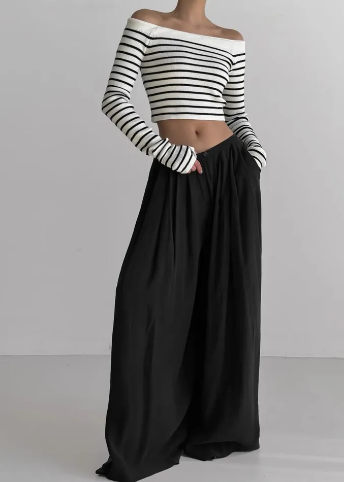 The Frankie Shop Coco White Off Shoulder Sweater 8211 Black Stripe Women Knitwear