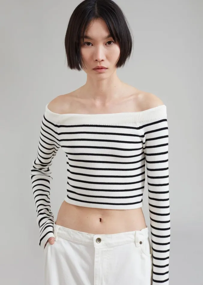 The Frankie Shop Coco White Off Shoulder Sweater 8211 Black Stripe Women Knitwear