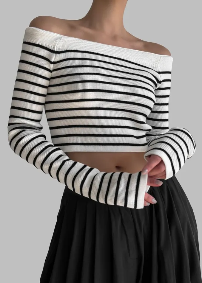 The Frankie Shop Coco White Off Shoulder Sweater 8211 Black Stripe Women Knitwear