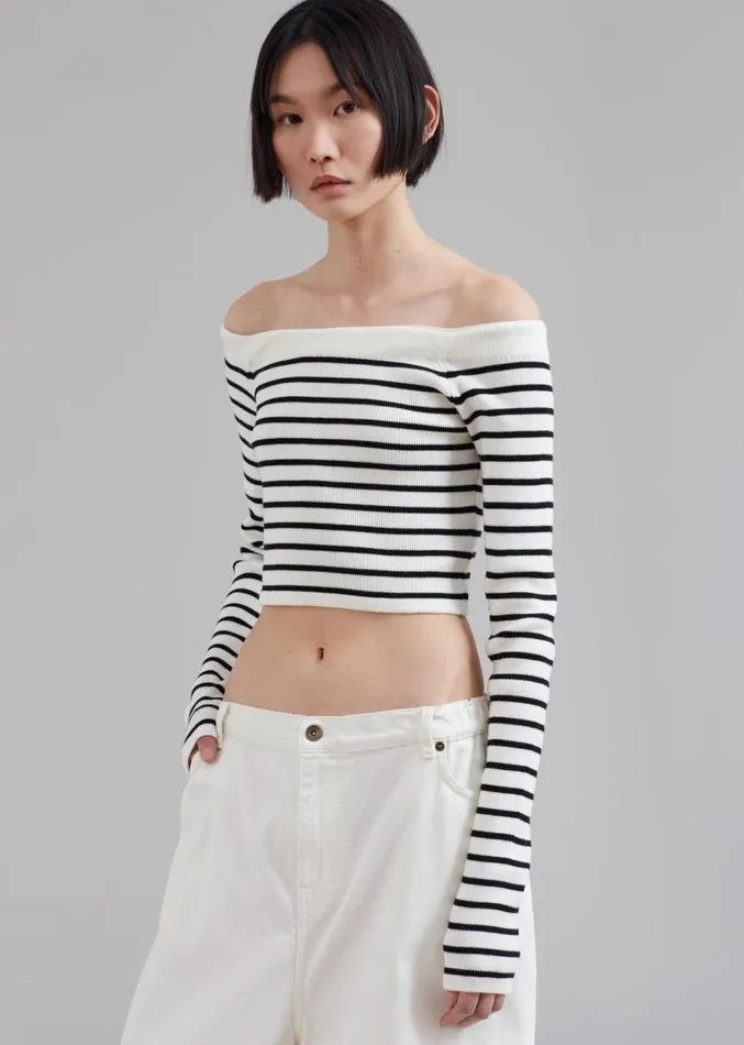 The Frankie Shop Coco White Off Shoulder Sweater 8211 Black Stripe Women Knitwear