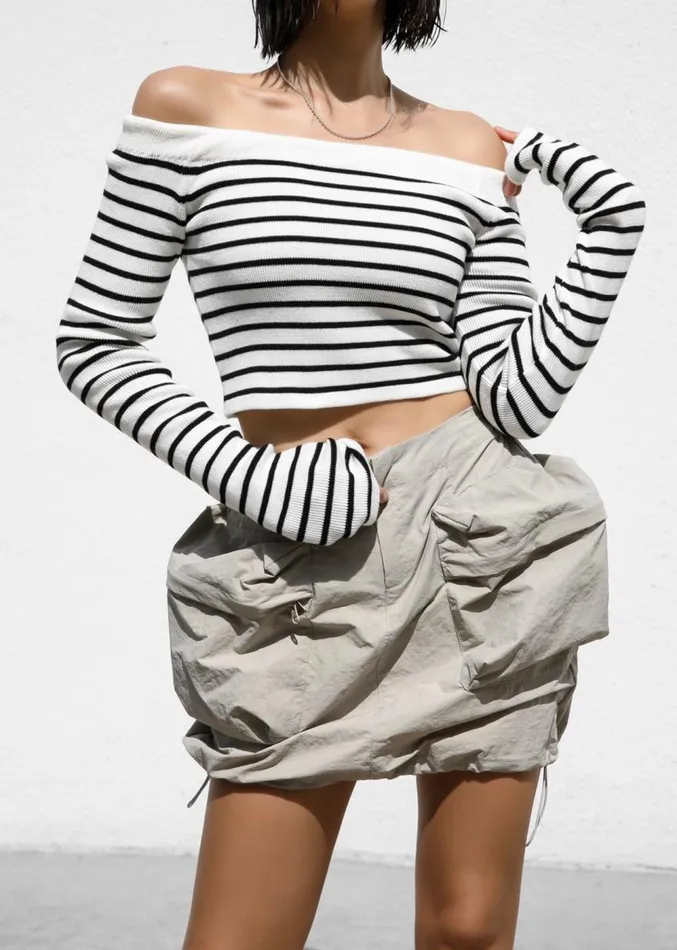 The Frankie Shop Coco White Off Shoulder Sweater 8211 Black Stripe Women Knitwear
