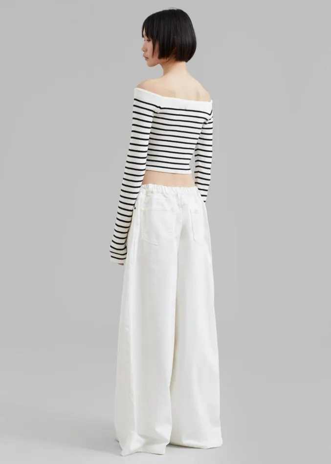 The Frankie Shop Coco White Off Shoulder Sweater 8211 Black Stripe Women Knitwear