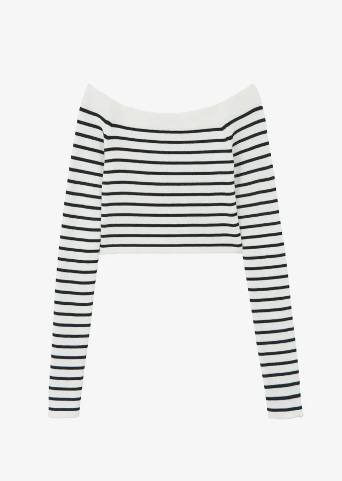 The Frankie Shop Coco White Off Shoulder Sweater 8211 Black Stripe Women Knitwear