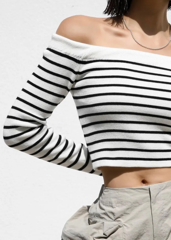 The Frankie Shop Coco White Off Shoulder Sweater 8211 Black Stripe Women Knitwear