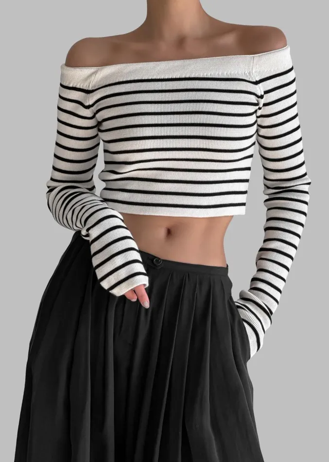 The Frankie Shop Coco White Off Shoulder Sweater 8211 Black Stripe Women Knitwear