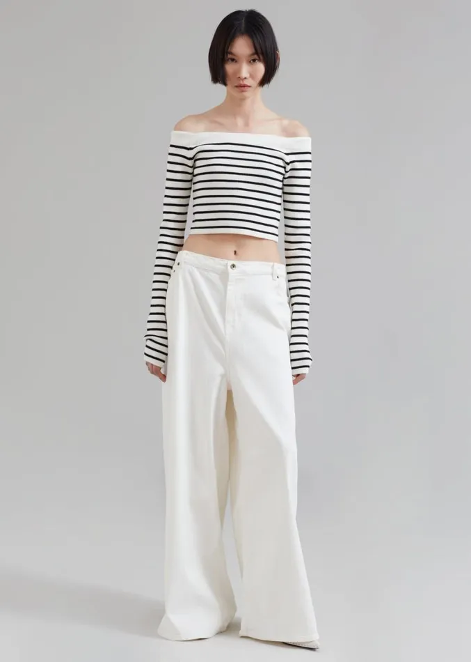 The Frankie Shop Coco White Off Shoulder Sweater 8211 Black Stripe Women Knitwear