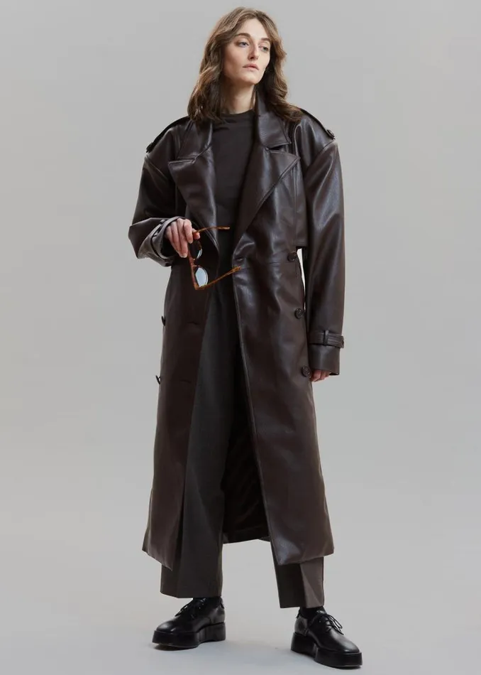 The Frankie Shop Diana Faux Leather Trench Coat 8211 Java Women Outerwear