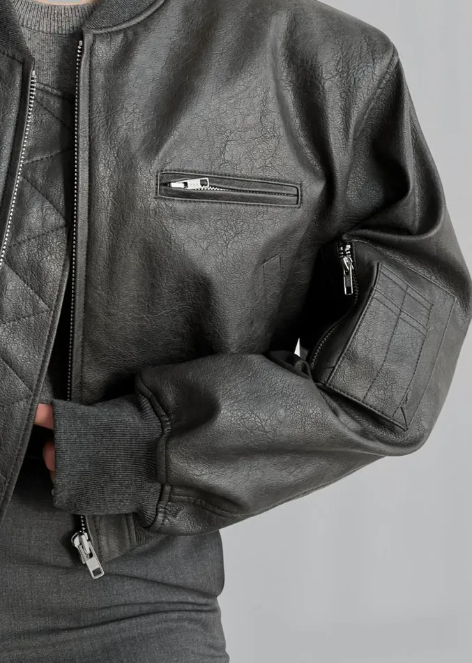 The Frankie Shop Gae Faux Leather Cropped Bomber 8211 Charcoal Women Clothing
